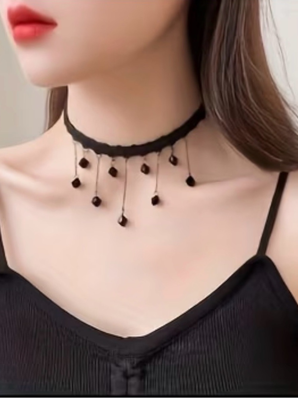 Black Lace Choker Necklace with Dangling Bead Drops